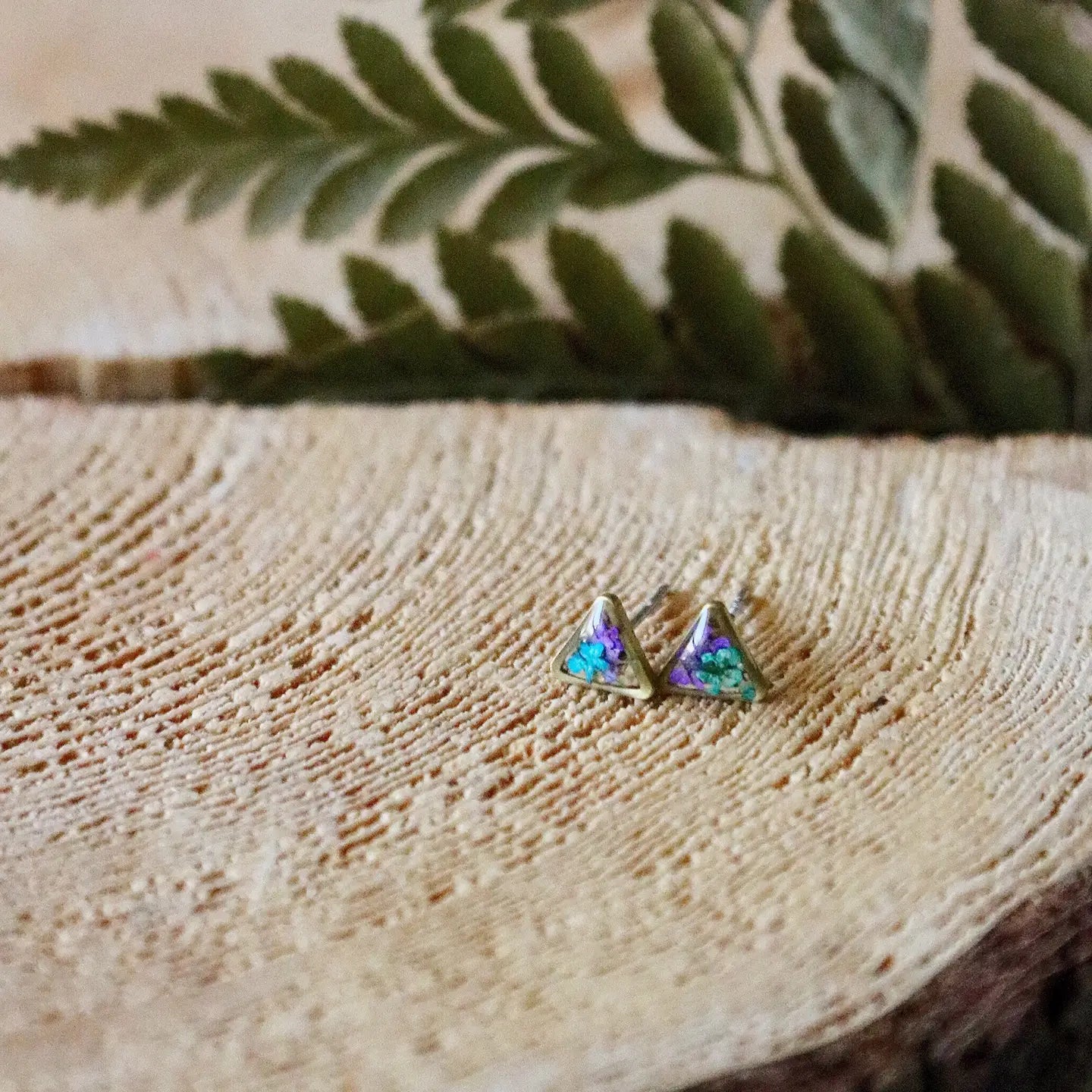 Triangle Real Flower Stud Earrings