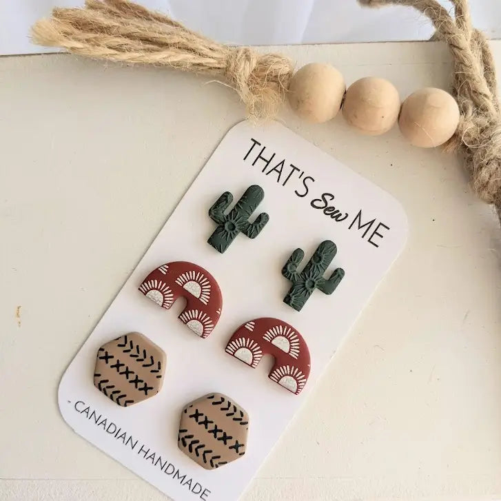 Desert Theme Clay Earrings Studs Trio Pack