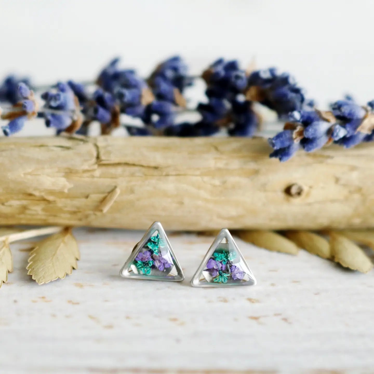 Triangle Real Flower Stud Earrings