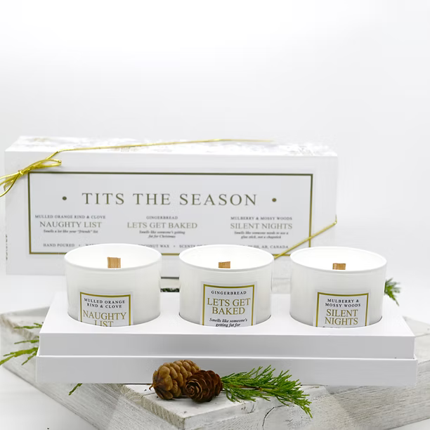 Funny Christmas Themed 3 Pack Wood Wick Candles